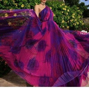 Hutch Pink and Purple Pleated Tiered One Shoulder Gown